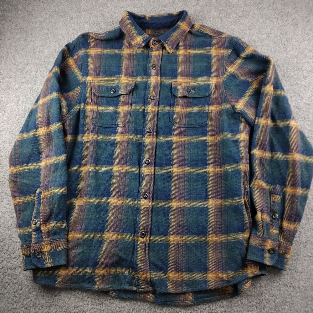 Orvis Cotton Shirt Jacket Mens XL Plaid Blue Green Yellow Flannel Pockets